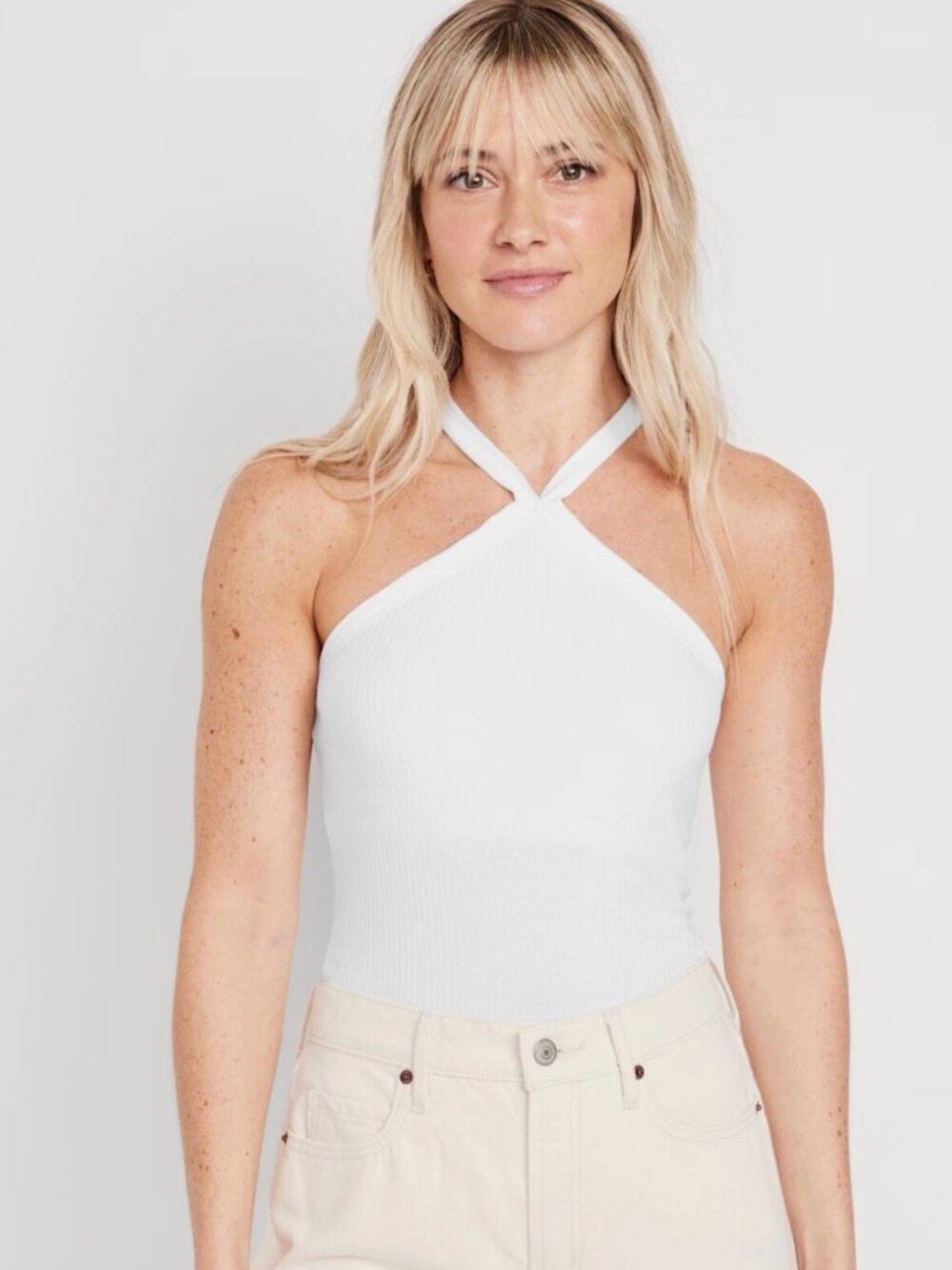 Old Navy Halter Ribbed Tank Top White Lilies Women's Size XXL
